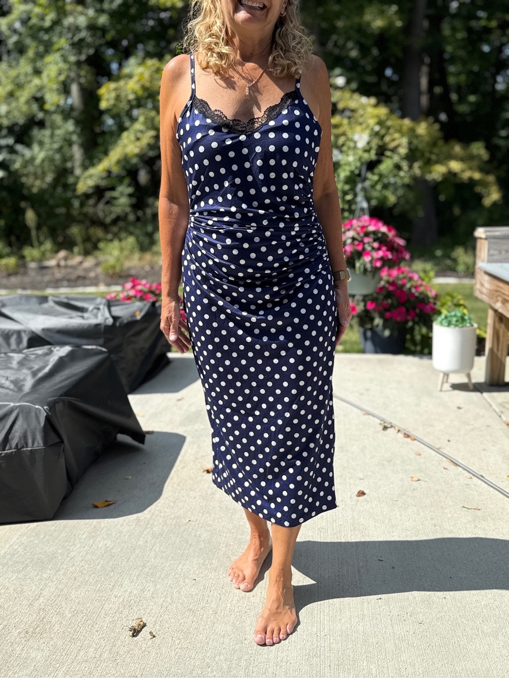 1XL NWOT Navy Blue White Polka Dot Lace Trim Ruched Bodycon Cami Midi Dress
